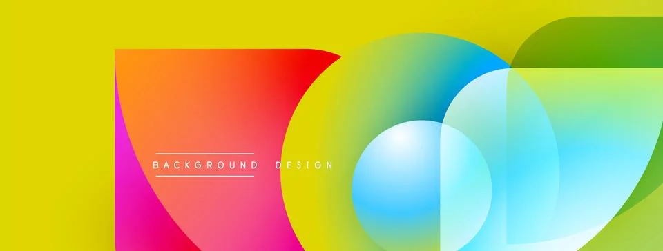Bright abstract design features overlapping colorful circles, square. Yellow Stock Illustration