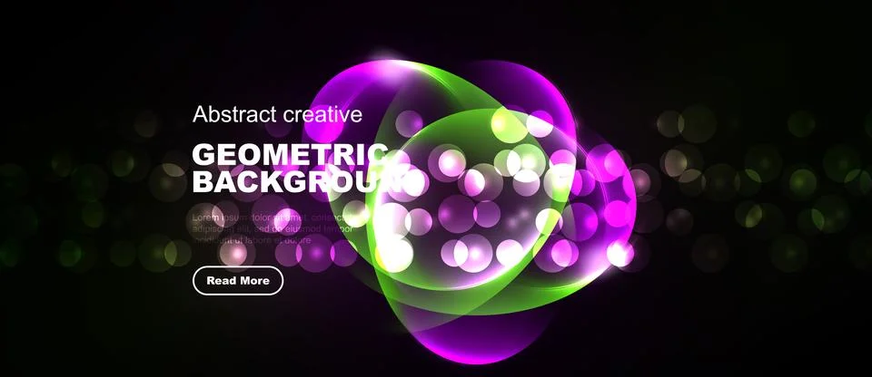 Bright abstract design features vibrant geometric shapes, glowing particles, Stock Illustration