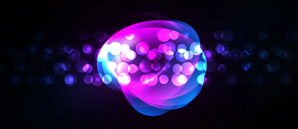 Bright abstract form dominates dark background. Bubbles, glows create dynamic Stock Illustration