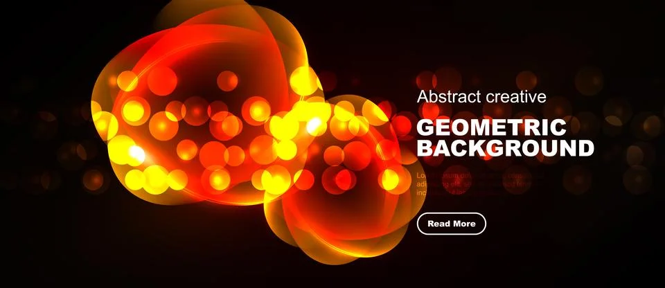 Bright abstract form dominates dark background. Glowing orbs create dynamic Stock Illustration
