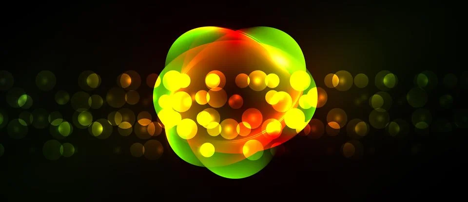 Bright abstract form dominates dark background. Glowing orbs create dynamic Stock Illustration