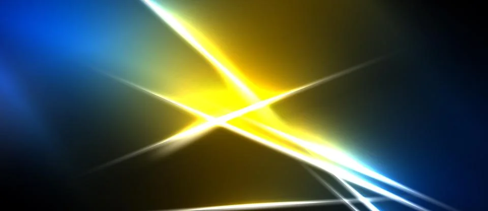 Bright abstract light streaks intersect. Blue, yellow hues dominate dark 库存插图