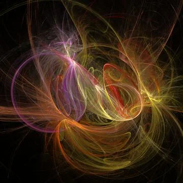 Bright abstract linear background, yellow-orange digital drawing on black Stock Illustration