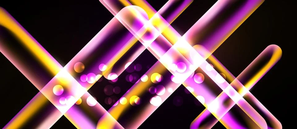 Bright abstract lines intersect over black background. Yellow, purple glows Stock Illustration