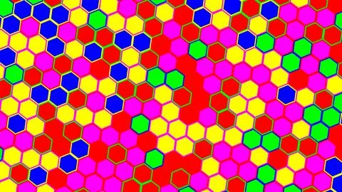 Bright abstract mosaic of hexagons in red, yellow, blue, pink and green with  库存插图