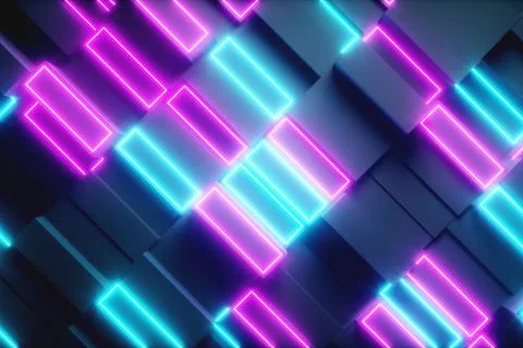 Bright abstract moving structure of rectangles with neon elements. Bright lig 스톡 일러스트