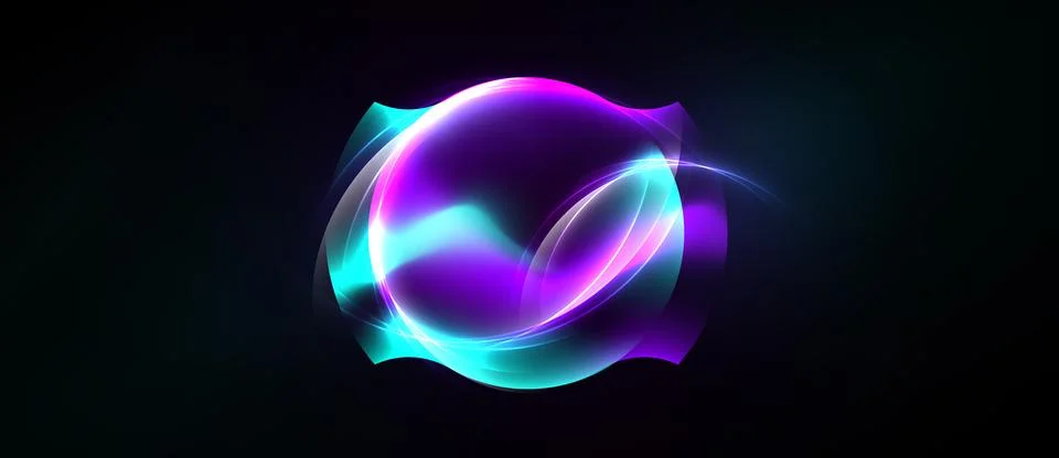 Bright abstract neon orb glows against dark background. Swirling light create Stock Illustration
