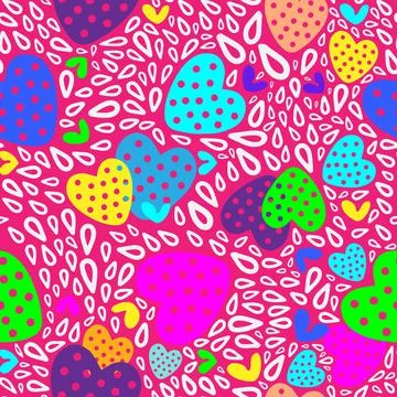 Bright abstract neon pattern with hearts, raindrops and doodles Illustrazione stock