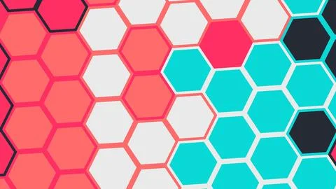 Bright abstract pattern of pink, cyan, gray, and navy hexagons connected by b Иллюстрация