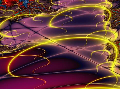 Bright abstract pattern of yellow glowing and black lines on a purple Stock Illustration