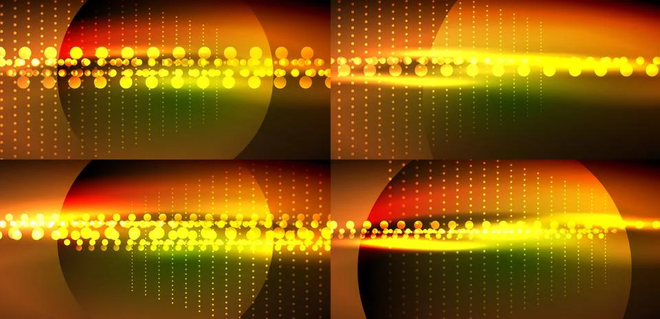 Bright abstract patterns, glowing orbs, dynamic lines. Warm colors dominate, Stock Illustration