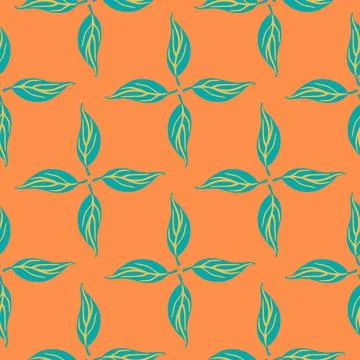 Bright abstract seamless pattern with blue leaf elements. Orange background.  Ilustración de archivo
