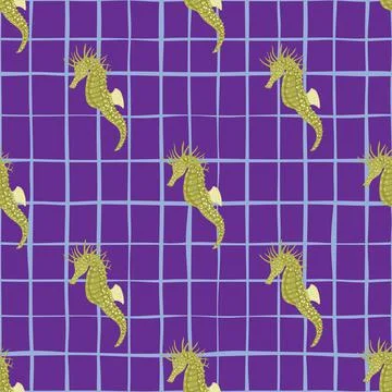 Bright abstract seamless pattern with green seahorse doodle elements. Purple  Illustrazione stock