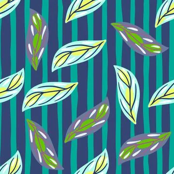 Bright abstract seamless pattern with hand drawn leaves ornament. Blue and pu Stock Illustration