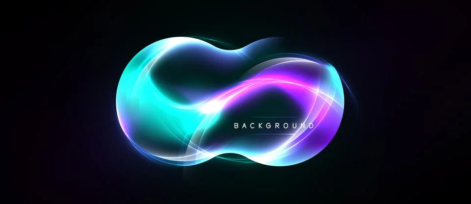 Bright abstract shape glows against dark background. Vivid colors blend, Stock Illustration