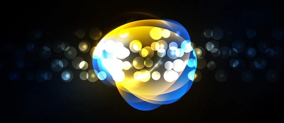 Bright abstract shapes overlap, creating luminous effect. Bubbles, glows, y.. Stock Illustration