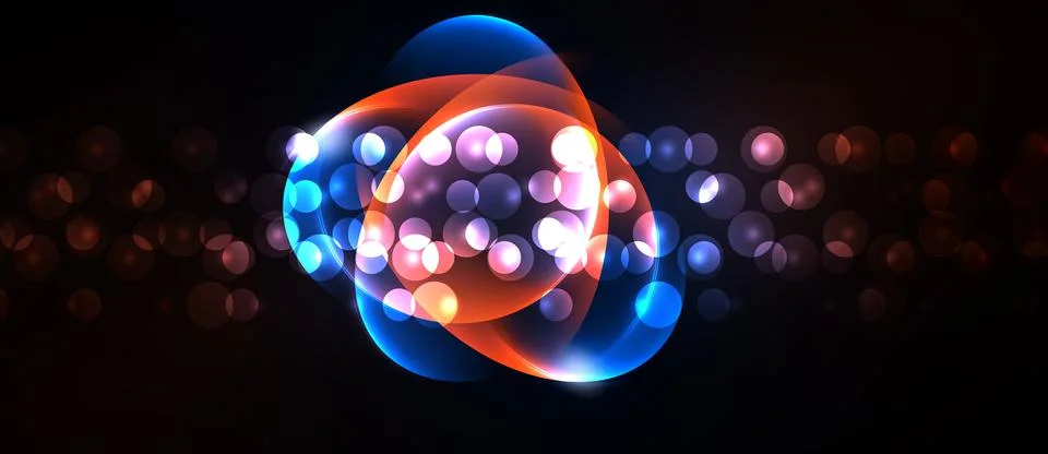 Bright abstract shapes overlap, creating luminous effect. Bokeh lights surrou Stock Illustration