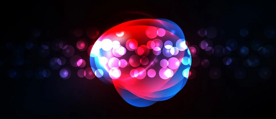 Bright abstract shapes overlap, creating glowing effect. Red, blue hues dom.. Illustrazione stock