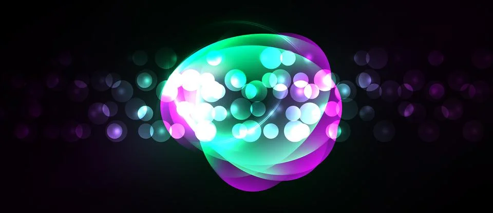 Bright abstract shapes overlap, creating luminous effect. Bubbles scatter a.. Illustrazione stock