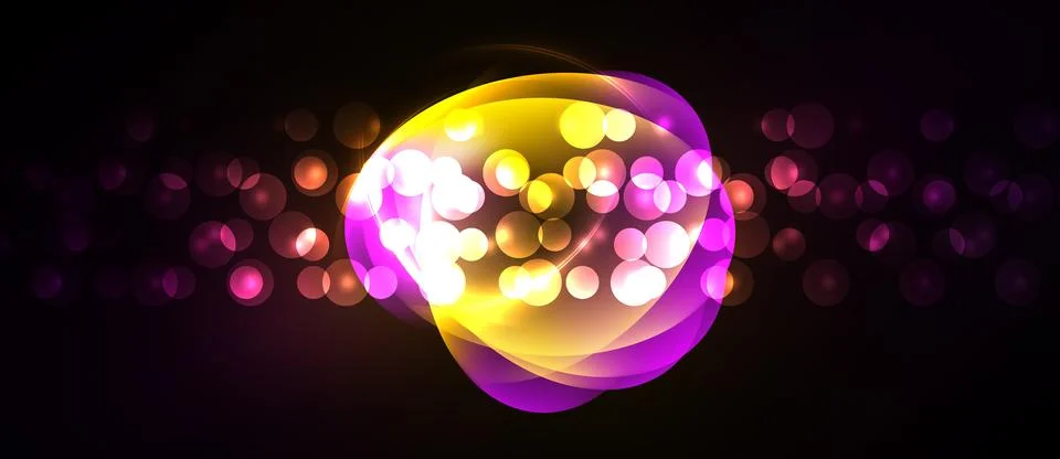 Bright abstract shapes overlap, creating luminous effect. Bubbles scatter a.. Ilustração Stock