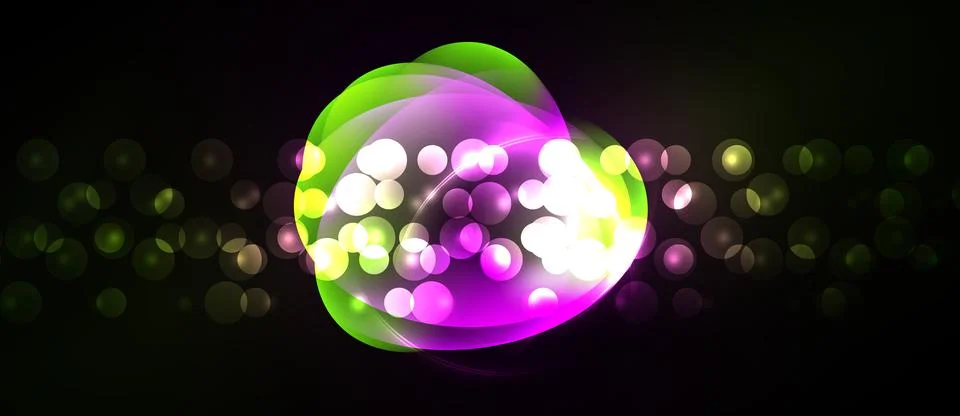 Bright abstract shapes overlap, creating vibrant light effects against dark Stock Illustration