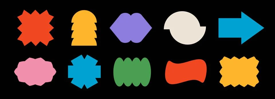 Bright abstract sticker shape set. Colorful retro pop art border element イラスト素材