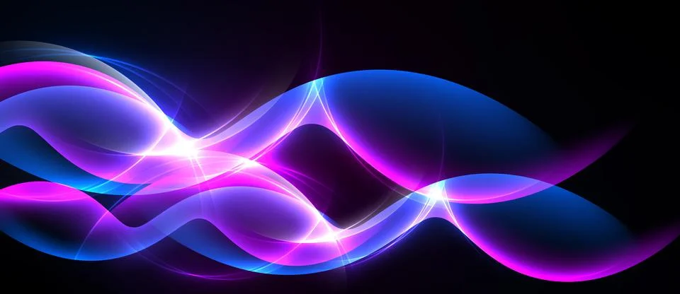 Bright abstract waves, vibrant pinks, blues radiate from central light source Stock Illustration