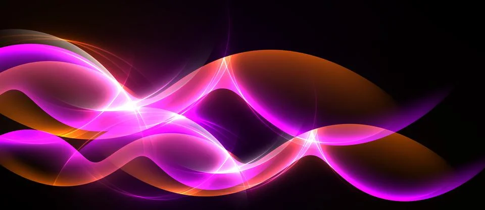Bright abstract waves, vibrant pinks, oranges glow against dark background. Stockillustratie