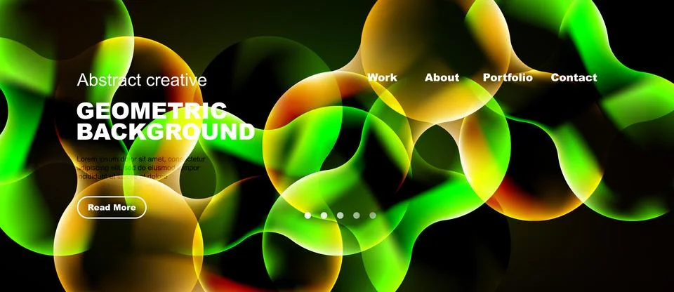 Bright abstract website header. Green, orange, yellow shapes overlap dark Stock Illustration
