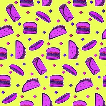 Bright acid pattern with purple fast food on yellow Stock Illustration