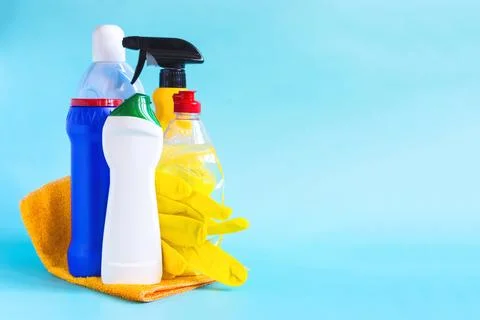 Bright advertising layout a set of tools for cleaning the house Stock Photos