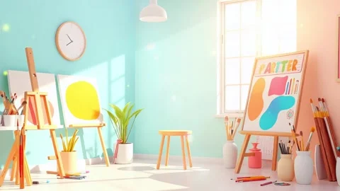 Bright &amp; Airy Art Studio: Explore a Creative Space Filled with Easels, Canvases Stock Footage 317968148