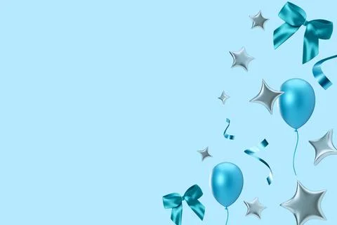 Bright and cheerful 3D render features blue balloons, silver bows, and shin.. Fotos de archivo