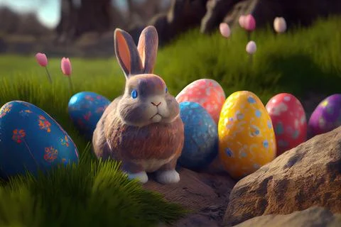 Bright and Colorful Easter Bunny and Easter Egggs Stock Illustration