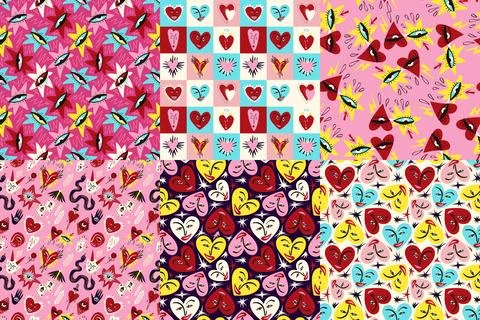 Bright and cool funny patterns for Valentine's Day. Seamless pattern with cool Stock Illustration