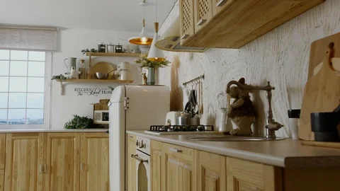 Bright and cozy kitchen. Slow camera roll into the kitchen. Stock Footage 121889611
