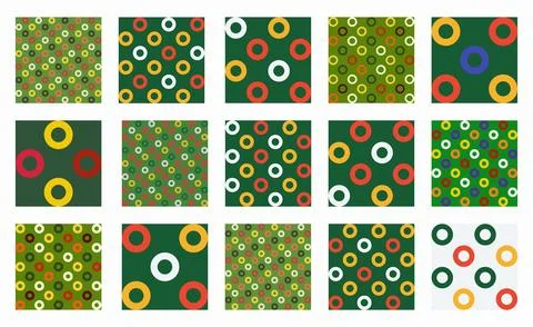 Bright and festive seamless patterns with colorful circles and rings, perfect Illustrazione stock