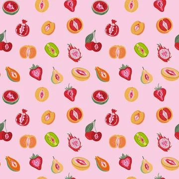 Bright and fresh fruit pattern with tropical and summer fruits Illustrazione stock