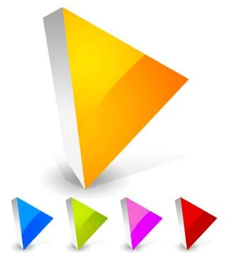 Bright and glossy play button icons in 3d. Orange, blue, green, purple and re Stock Illustration