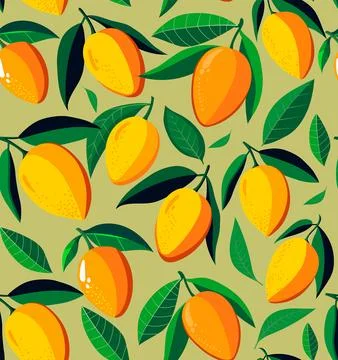 Bright and juicy seamless pattern with ripe mangoes and fresh green leaves Illustrazione stock