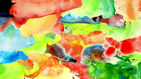 Bright and lively paint splashes burst into an abstract pattern on a black Stock Footage 292688955