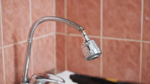 Bright and spotless faucet cleaned with steam method. Extremely clean and shiny 스톡 동영상 342336681