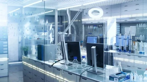 Bright and Ultra Modern High Tech Laboratory Full of Advanced Technologie Stock Footage