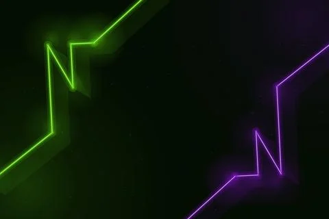 Bright angular neon trails in vivid green and purple frame a spacious dark .. Illustrazione stock