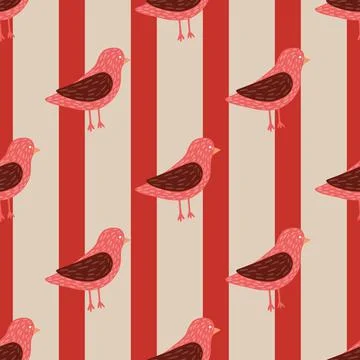 Bright animal seamless pattern with pink simple birds ornament. Grey and red  Stock Illustration