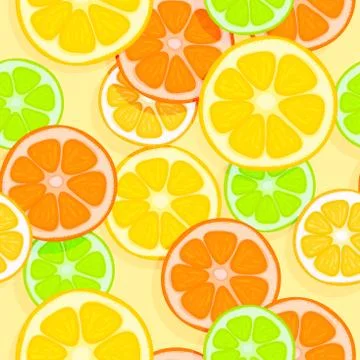 Bright appetizing seamless tropical background. Oranges, lemons, limes and gr Stock Illustration
