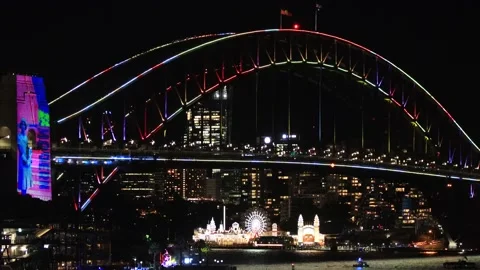 Bright arch of Sydney Harbour bridge at Vivid Sydney light show at night 4k. Stock Footage 200045827