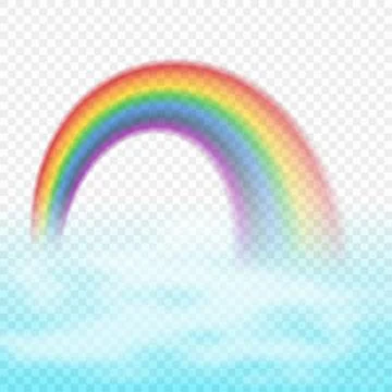 Bright arched rainbow with clouds realistic vector illustration on transparent Stock Illustration