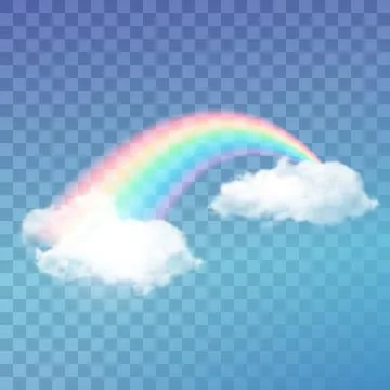 Bright arched rainbow with clouds realistic vector illustration on transparent Stock Illustration
