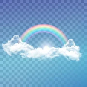 Bright arched rainbow with clouds realistic vector illustration on transparent Stock Illustration